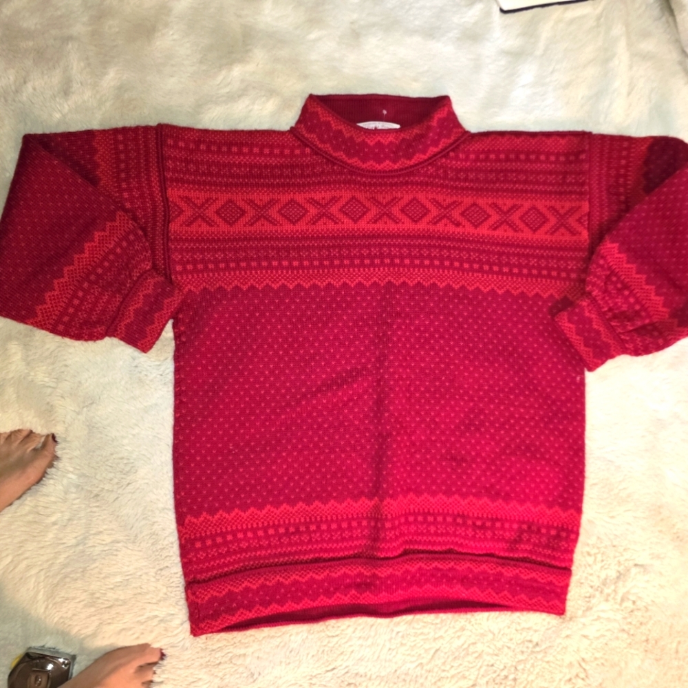 Vigdis Designs Rare Vintage Wool Sweater Red Patterned Ski Sweater Medium